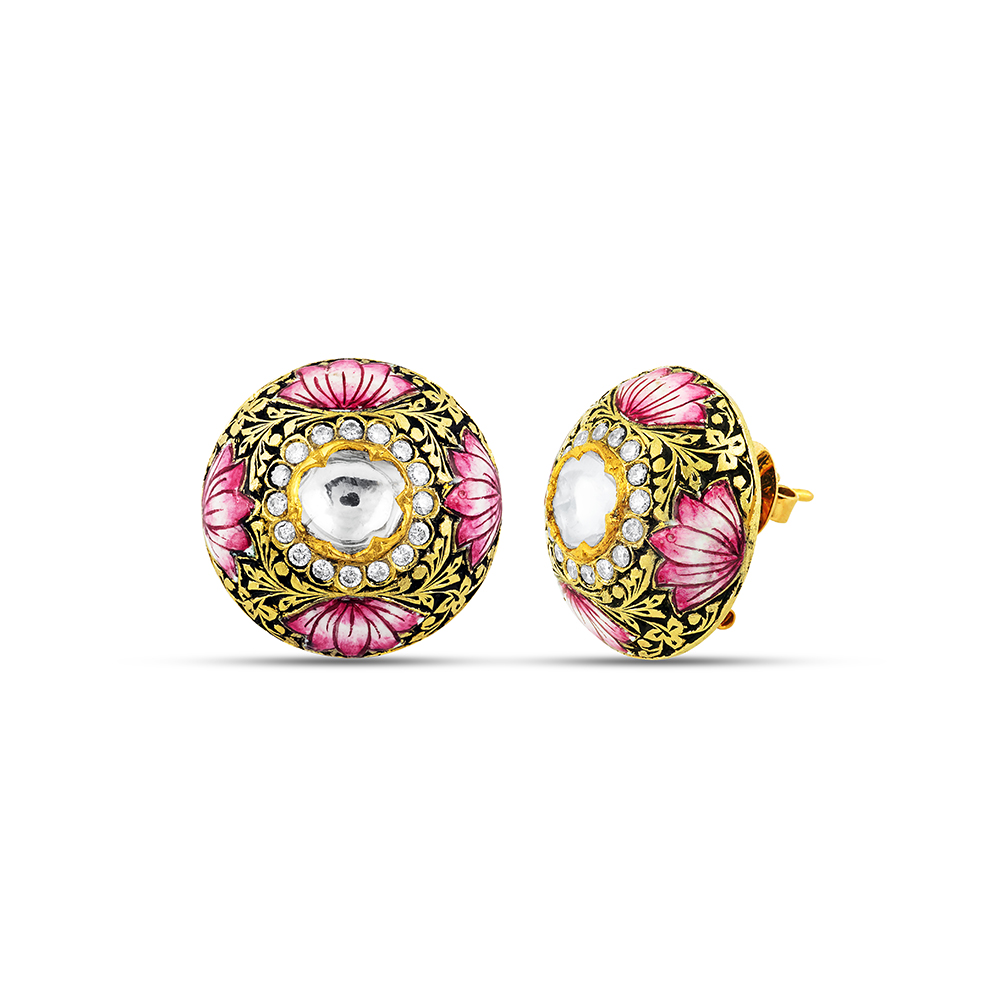 Partash Studs with Polki, Full-Cut Diamonds, and Lotus Enamel